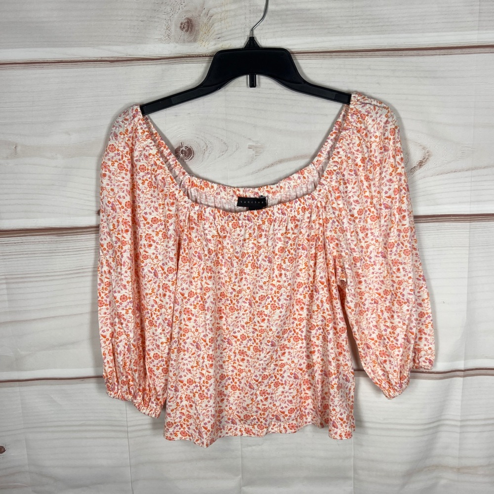 Sanctuary Floral Peasant Top Womens Small Orange Blouse Elastic Neck Puff Sleeve